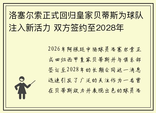 洛塞尔索正式回归皇家贝蒂斯为球队注入新活力 双方签约至2028年